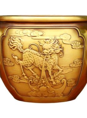 黄铜双狮带环麒麟桌面摆件故宫缸