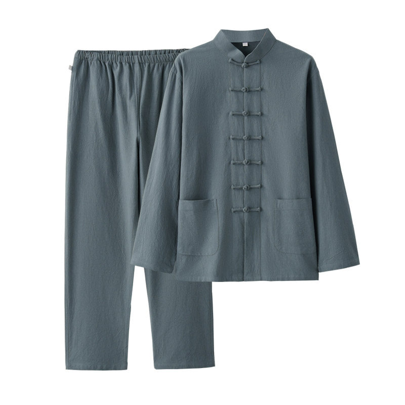 中国风唐装男套装中老年棉麻长袖春秋装禅修服中式复古亚麻汉服男
