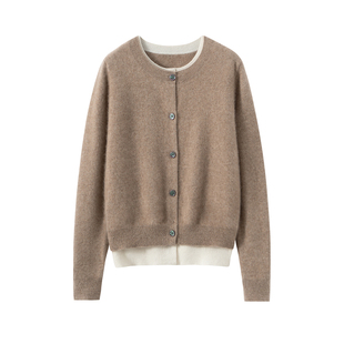 100%纯山羊绒衫女圆领开衫单排扣针织外套宽松J假两件外搭羊绒衫