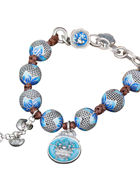 38.4克S925纯银烧蓝手工原创设计复古手链民族风格珠子手串