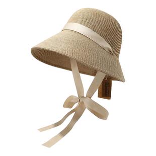 法式田园草帽夏季出游防晒帽子卷边大帽檐显脸小可折叠系带太阳帽