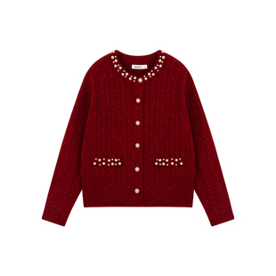 Amybaby女童上衣冬季2025新款舒适小香风洋气珍珠麻花针织开衫