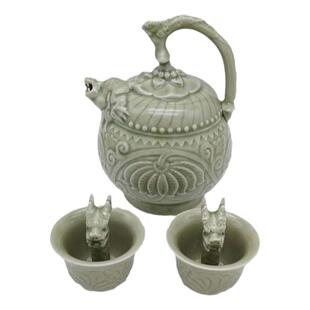 陕西铜川耀州瓷器三件套装带礼盒倒流装壶公道杯平心杯龙头戒盈杯