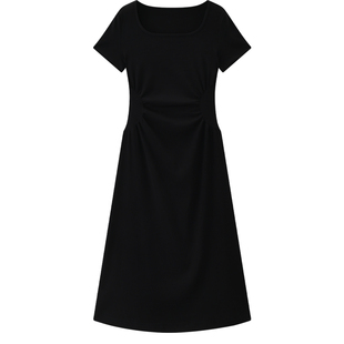 【长短可选】库恩玛维方领短袖连衣裙女2025夏季新款赫本风小黑裙