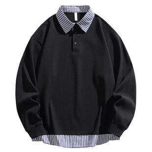 男士美式假两件polo衫卫衣男款春季上衣2026新款大码男装黑色外套