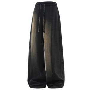 加绒加厚保暖复古暗纹斜切灯芯绒卫裤男美式高街微喇裤直筒休闲裤