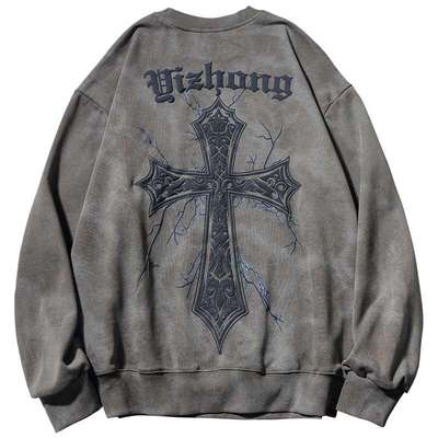 oversize美式发泡十字架卫衣男生