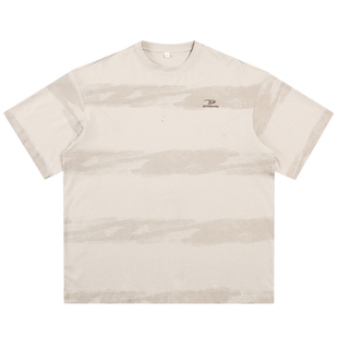 男士刺绣撞色t恤男2025新款沾染衣服纯棉宽松上衣卡其色短袖男款