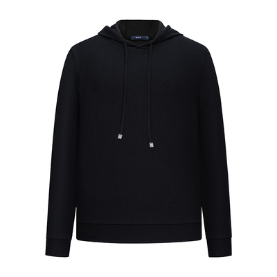 堡尼秋冬新品休闲连帽套头肌理羊毛混纺长袖T恤净色卫衣LS680071B