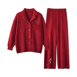 猫人半边绒红色睡衣结婚新婚情侣套装2025新款秋冬季高级感家居服