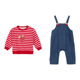 YOUGE幼歌 宝宝秋季潮牌草莓条纹长袖卫衣简约时尚牛仔背带裤套装