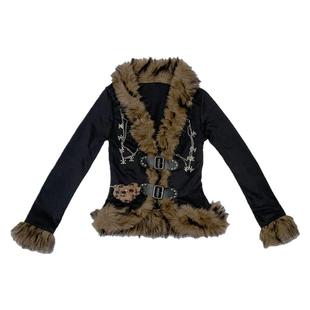 野涩猫*Y2K辣妹亚比朋克仿皮草毛毛边爱心豹纹骷髅链条潮开衫外套