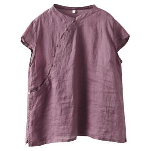 园园美衣复古新国风斜襟衬衫女文艺立领短袖衬衣薄款气质苎麻上衣