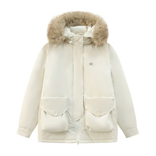 江南先生NewJNXS防泼水中长款可拆卸加宽毛领大口袋刺绣派克棉服