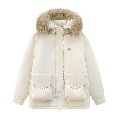 江南先生NewJNXS防泼水中长款可拆卸加宽毛领大口袋刺绣派克棉服