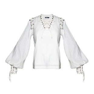 蒸汽大陆 蒸汽朋克复古绑带V领本白色纯棉长袖套头直筒上衣衬衫