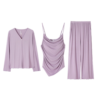 安之伴【巨柔软】睡衣女款春秋季优可丝带胸垫夏天三件套装家居服