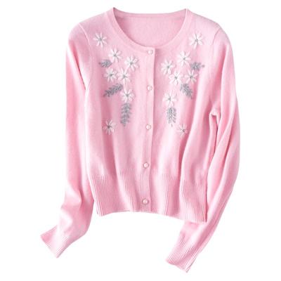 纯手工绣花高腰羊绒圆领小开衫女