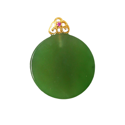 天然俄罗斯碧玉小圆牌18K金扣头镶嵌款吊坠 女款玉石挂坠饰品