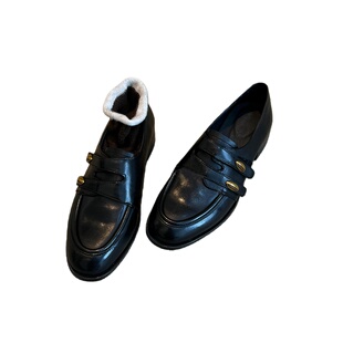 牛皮版~英伦风黑色乐福鞋女2025新款金属扣一脚蹬圆头低跟小皮鞋