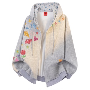 查尔斯桃心卡通涂鸦开衫连帽花卉卫衣男秋季宽松休闲情侣上衣外套