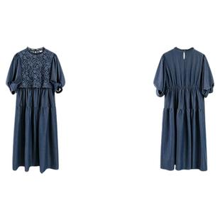 PIT法式复古纯色镂空拼接收腰A字短袖连衣裙女2025夏薄款中长裙