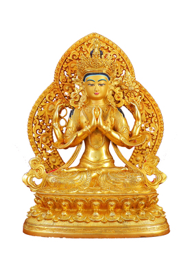鎏金四臂观音带背光双莲座摆件