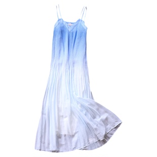 渐变色风琴褶皱显瘦V领无袖吊带裙2025夏季新款百褶裙连衣裙Z497