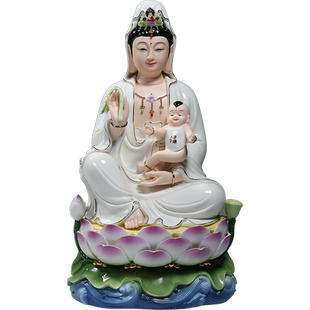 微美德化陶瓷10至16寸家用水莲送子观音菩萨摆件供奉求子双子佛像