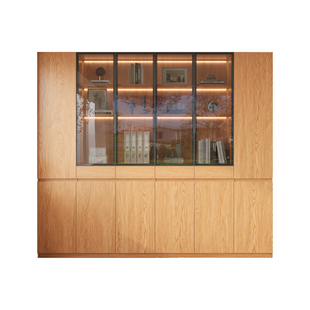 定制橡木书柜一体整墙储物柜书架客厅靠墙全实木带玻璃置物展示柜