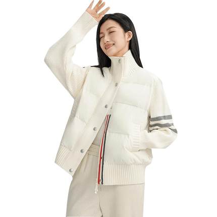 90+鸭鸭针织拼接修身羽绒服女2025秋冬气质短款轻薄修身保暖外套