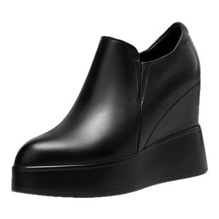 10cm内增高真皮女鞋坡跟厚底松糕鞋小个子增高鞋春秋季新款单鞋子