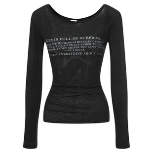 明星同款MOUSSY25秋新品美式字母印花一字领长袖T恤028IAZ90-1071