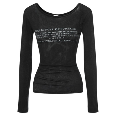 明星同款MOUSSY春新品美式字母印花一字领长袖T恤028IAZ90-1071