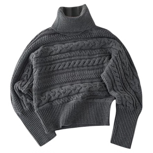 F383 美式复古可拆卸高领绞花蝙蝠袖毛衣女秋冬慵懒百搭显瘦上衣