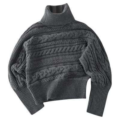 F383可拆卸高领绞花蝙蝠袖毛衣