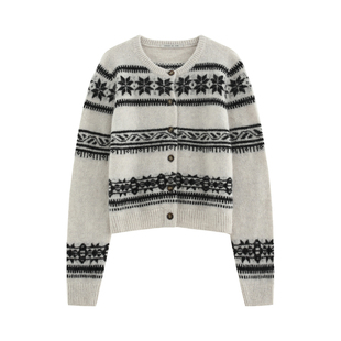 【昙花】圣诞限定 氛围感马海毛羊毛混纱 复古驳花费尔岛开衫-W18