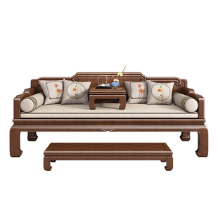 新中式实木罗汉床胡桃木客厅罗汉榻沙发新古典禅意雕花带脚踏组合