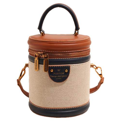 超火小众撞色包包女2025新款时尚百搭斜挎包精致手提圆筒包小拎包