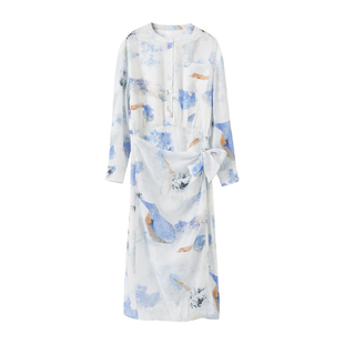 LUNAFUNG冯下文·白色水墨印花轻奢花朵连衣裙法式气质长袖衬衫裙