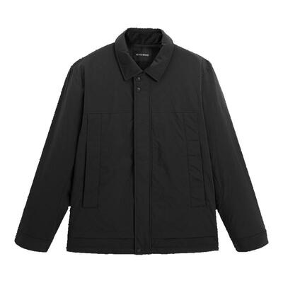 太平鸟男装 黑色夹克式羽绒服满版休闲印花羽绒冬季防寒外套