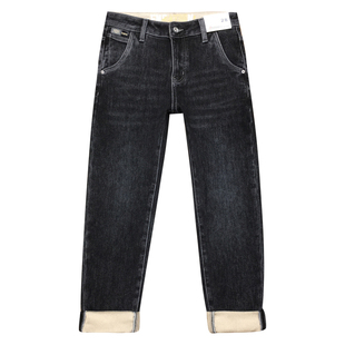 男士加绒牛仔裤新款抓绒保暖烟灰色修身小脚磨毛九分裤冬季加厚款