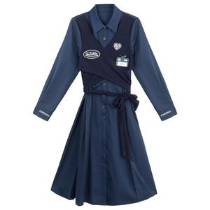 KEIKO高知风假两件式衬衫连衣裙夏季通勤系带收腰显瘦A字百褶长裙