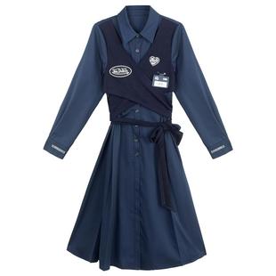 KEIKO高知风假两件式衬衫连衣裙春季通勤系带收腰显瘦A字百褶长裙