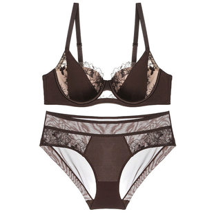 性感撞色蕾丝薄款大码胖mm内衣女士D杯大胸显小防下垂文胸罩套装
