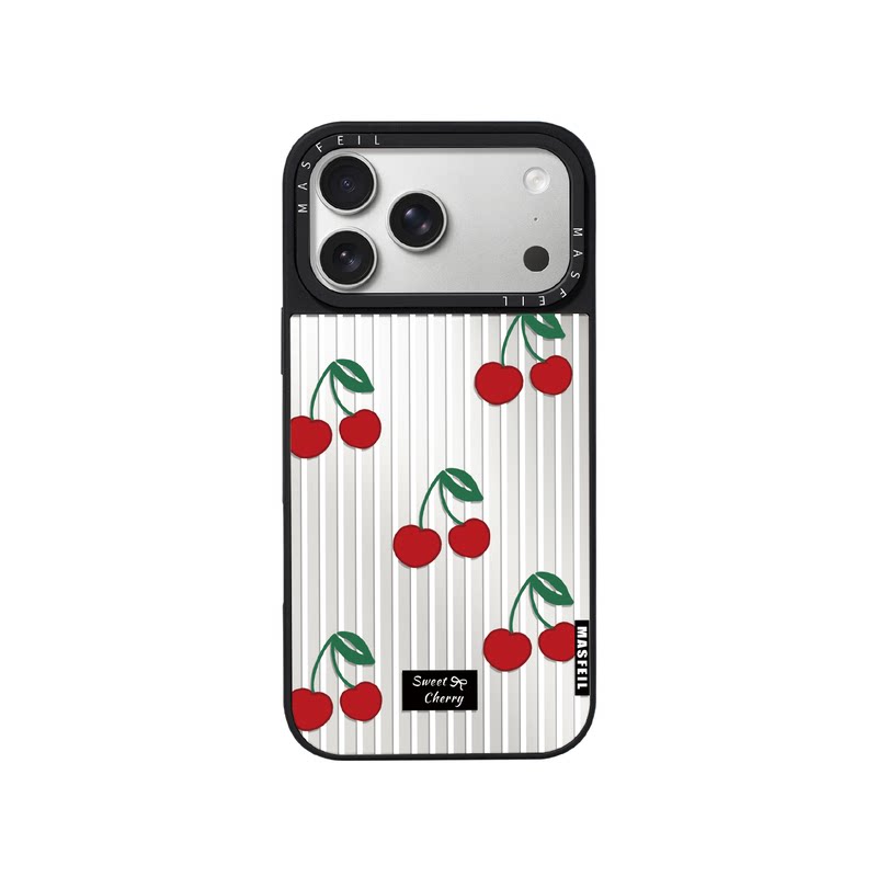 MASFEIL× 条纹樱桃适用iPhone17Promax手机壳新款ip15磁吸带支架苹果16Pro套Jo5镜面高级感13pm全包14网红女