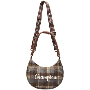 champion冠军25秋冬新款月牙包单肩斜挎包女复古格纹毛绒旅游出行