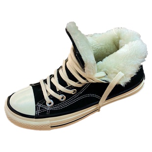 2024冬季新款ins超火保暖厚绒系带韩版小众高帮加绒帆布鞋板鞋女