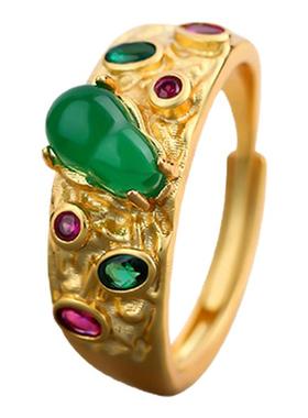 指环古法金工艺持久保色仿翡翠复古国风唐草纹福禄葫芦多宝戒指