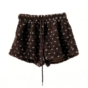 韩版羊羔毛休闲短裤女秋冬季波点百搭宽松抽绳直筒裤子a字靴裤子